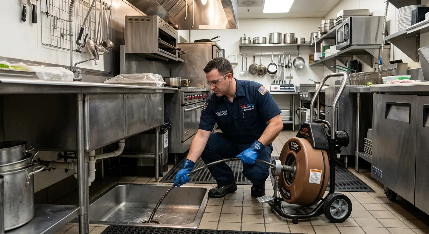 Commercial drain cleaning service in a restaurant kitchen in Rialto