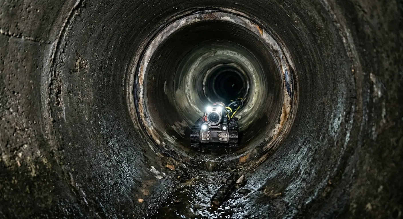 Robotic sewer camera inspecting pipe interior for Drain Snake Service in Rialto