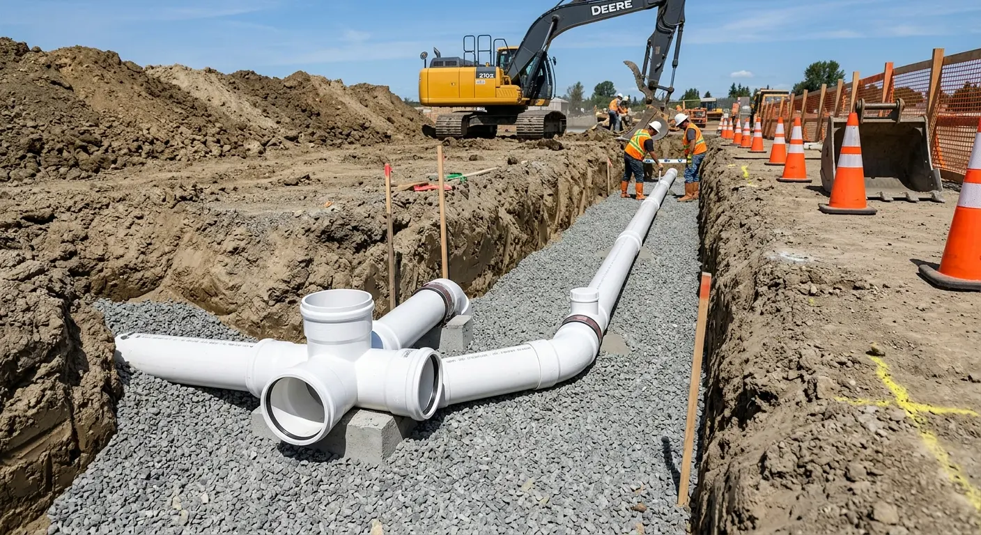 New PVC sewer pipe installation in open trench for Sewer Backup in Rialto