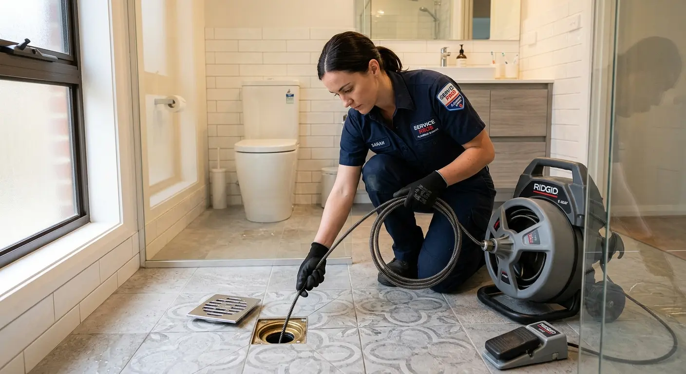 Technician clearing a bathroom floor drain for Sewer Line Installation in Rialto